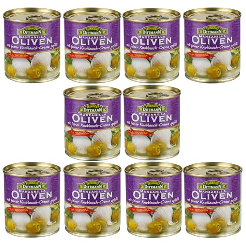 Feinkost Dittmann Manzanilla-Oliven grün gefüllt mit Knoblauchcreme 85g – 10er Big Pack – Premium Oliven für Tapas, Salate, Antipasti & kalte Platten – aromatisch & verzehrfertig