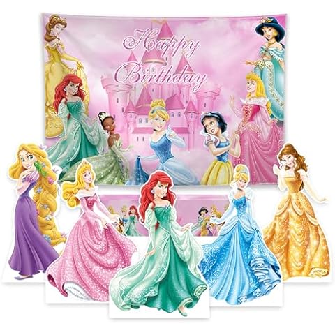 Allenjoy Fairy Tale Pink Princess Castle Happy Birthday Party Decorations Backdrop for Girl Banner Photo Booth Props Photography Background, 5pcs Foam Board Cutouts, 1pc Tablecloth, 1pc Backdrop Cover