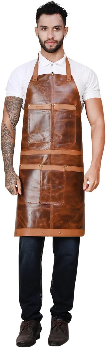 RABADA Leather Apron with Tool Pocket, Heavy Duty Apron, Woodworkers Apron, Mechanics Apron, Blacksmiths Apron, Carpenter Apron, Heat and flame resistance apron,, STANDERD, Brown020