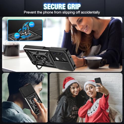 Loyhee Funda para Xiaomi Redmi Note 13 5G (6.67"), Protección de la Cámara Carcasa con Cubierta de Cámara Deslizante y Soporte de Anill PC Dura y TPU Silicone Anti-Choque Case – Negro