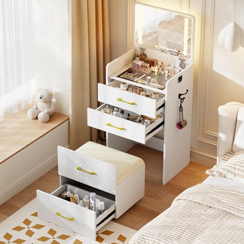 MDGC 3 in 1 Vanity Desk with Flip up Mirror and Lights, Glass Top Makeup Vanity Table with Charging Station,LED Compact Dressing Table with 3 Drawer and Wheel Storage Stool for Bedroom(White)