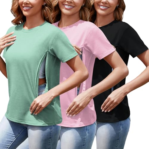 Image of Kynaflix Women's 3-Pack Nursing Tops for Breastfeeding with Hidden Zippers Loose Fit Maternity Shirts