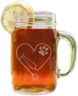 Stethoscope Heart with PAW Cutout Etched Glass Mason Jar Mug with Handle