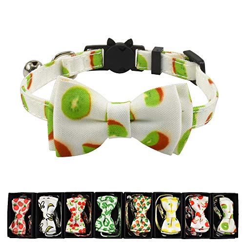 Ximipet Cat Collar Bow Tie with Bell, Breakaway Kitten Collar, Lemon/Apple/Kiwi/Banana/Cherry/Strawberry/Pineapple Fruits Design, Cool Cat Collar Bowtie with Quick Release Adjustable 7.5-11in (Kiwi)