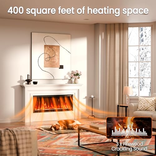 Image of Smart Electric Fireplace, 50''with WiFi App & Alexa Control, Recessed /Wall Mounted /Freestanding,Ultra Thin Linear Fireplace, 13 Flames & Crackling Sound, 1500W Heater with Timer & Overheat Protection