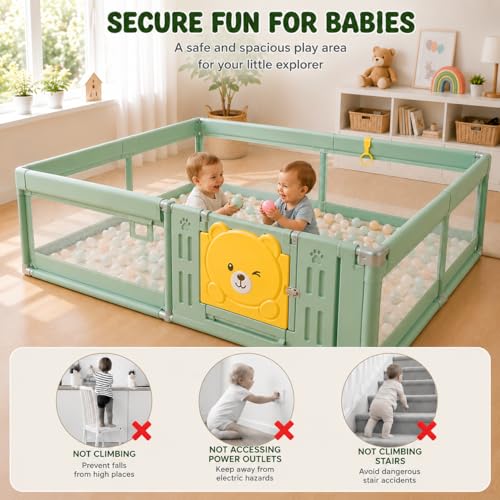 Image of 180 x 200 cm Playpen for Babies upto 3 with Mat and Balls, Indoor Baby Play Area Indoor Outdoor Setup Portable Baby Play Yard Fence for Toddlers Kids with Safety Gate, Breathable Mesh Playpen, 16 Sq Ft (Green, Mesh with Gate)