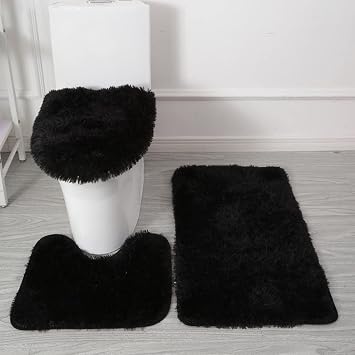 SEAHOME Bathroom Rug Sets 3 Piece Non Slip, Toilet Lid Cover and Contour Mat, Bath Mats Shower Mat for Tub Black