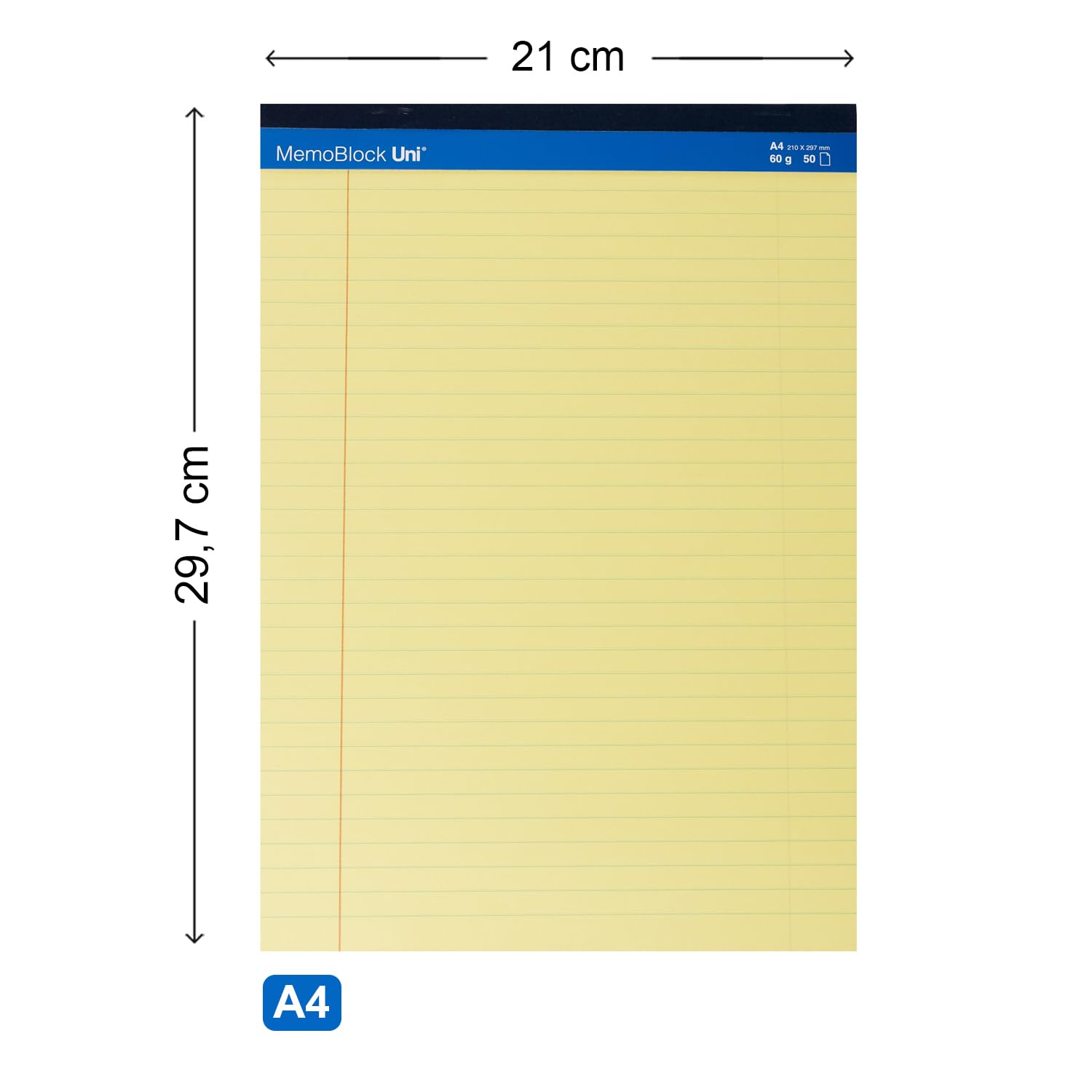 Unipapel | Zestaw 5 notatek prawnych A4 | 50 arkuszy | 8 mm w paski z marginesem | papier 60g | kolor żółty | mikroperforowane arkusze | 29,5 x 21 cm | Wytrzymała płyta kartonowa | MemoBlock Uni