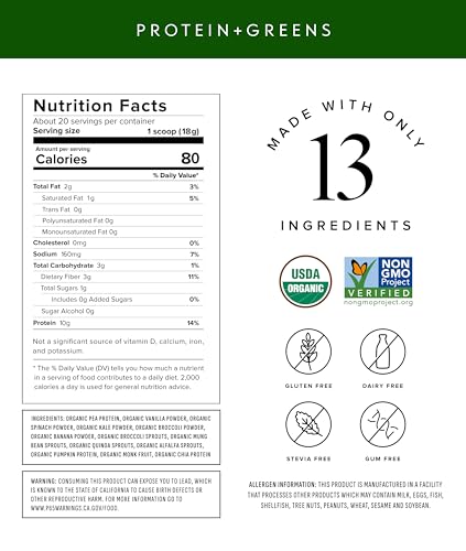 Truvani Protein + Greens | Organic, Non-GMO, Vegan, Gluten Free, Dairy Free | Daily Greens Combined with Protein | Great Taste with a Splash of Sweetness