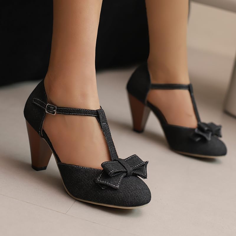 Image of Elbslutt Women's Cute Retro Rockabilly Shoes T Strap Mary Janes Heels Chunky Cosplay Shoes Sweet Block Heeled Bow Pumps