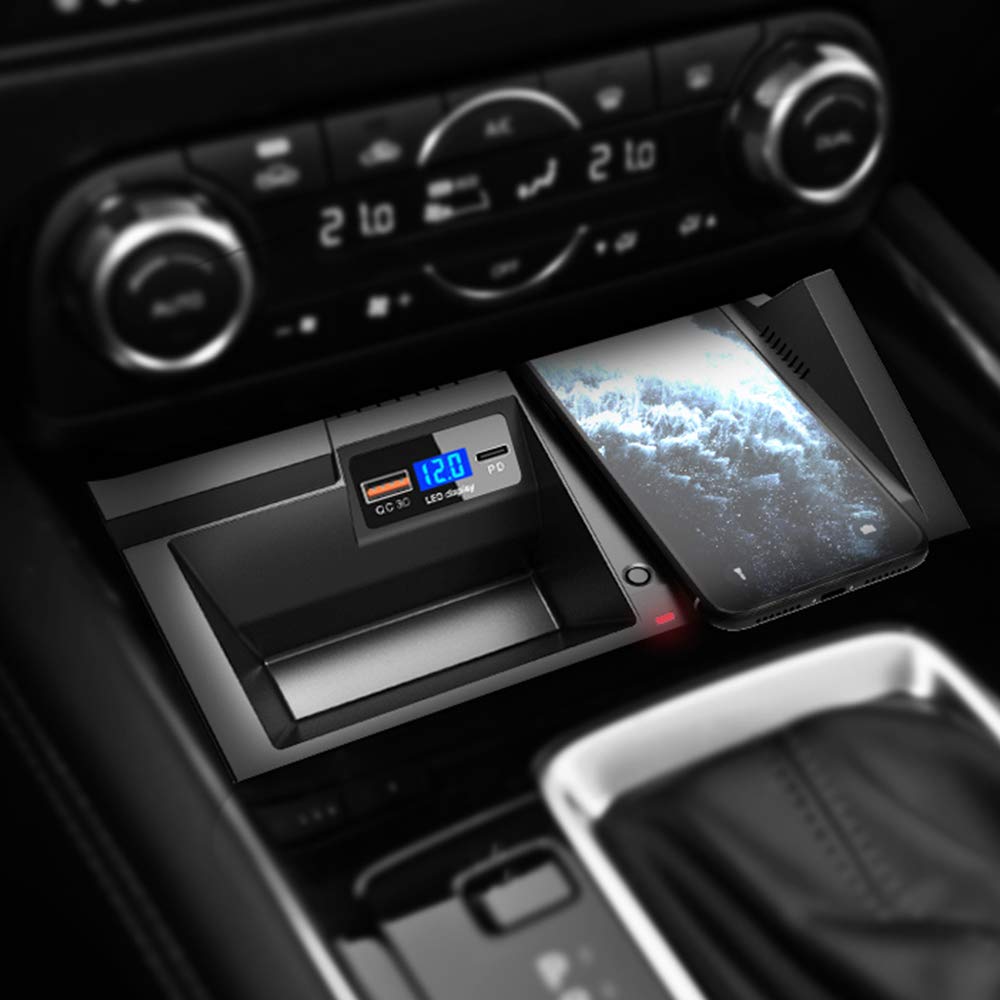 Upgrade Kabelloses Ladegerät Auto für Mazda CX5 2017 2018 2019 2020 2021, 15W Qi Wireless Schnell-ladegerät mit QC3.0 USB und 18W PD für iPhone 12/11/XS/X/8 Samsung S20/S10/S9 Qi-Telefo