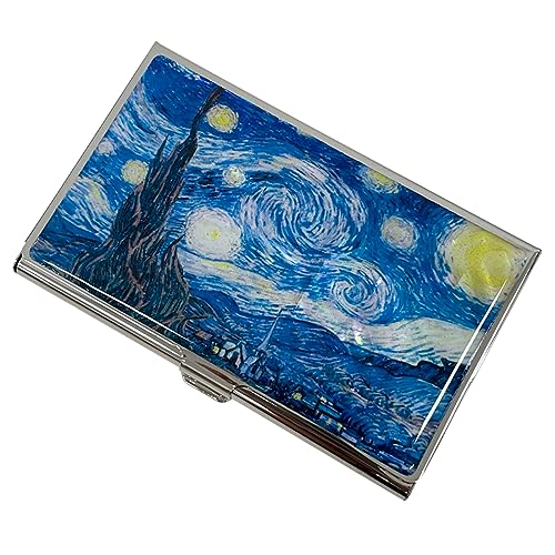 Image of Mother of Pearl Business Card Case Credit Id Name Holder Travel Wallet Art Painting Design Metal Stainless Steel Engraved Slim Purse Pocket Cash Money Wallet (Starry Night)