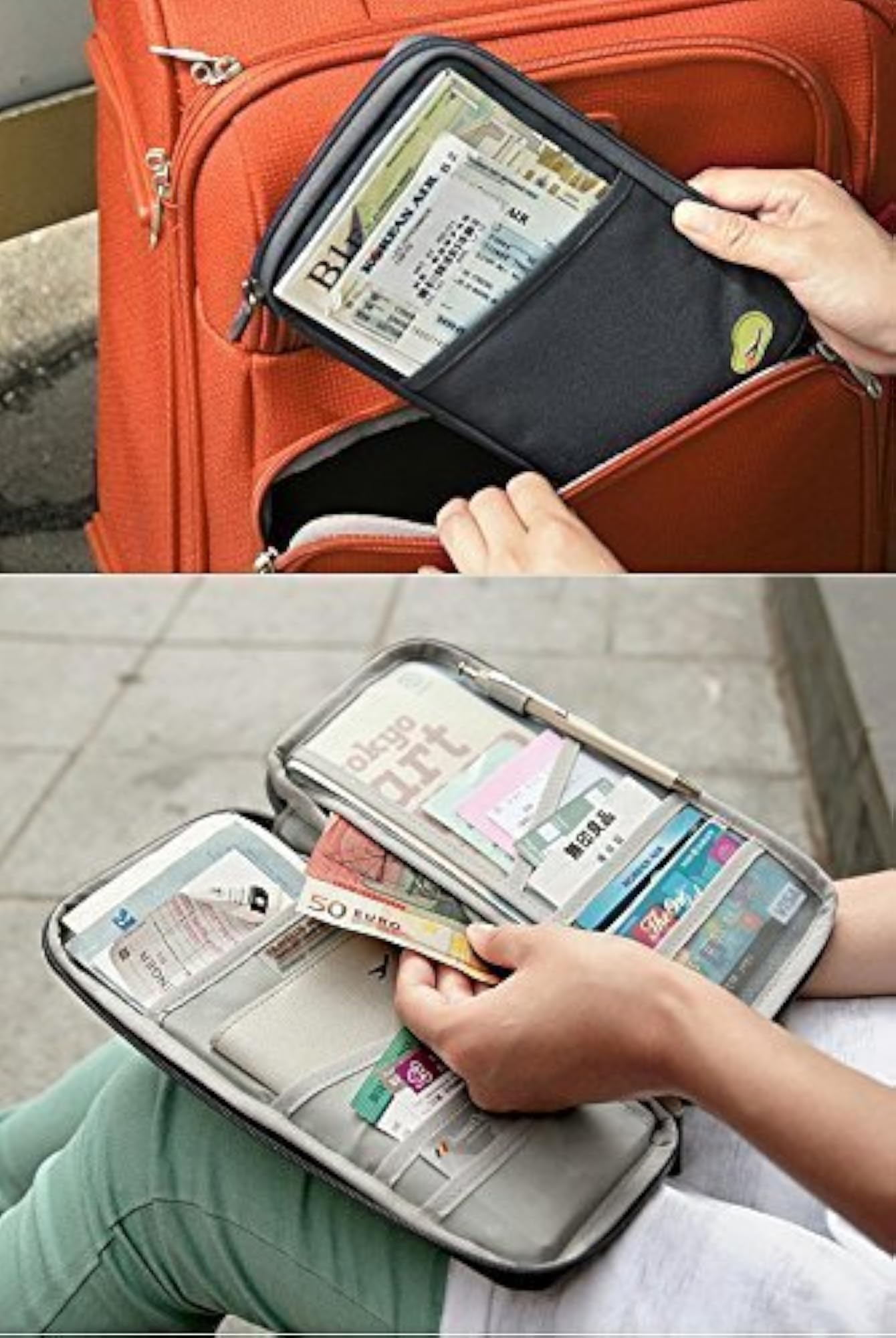 Passport Wallet, Credit Card ID Document Organizer Holder Travel Wallet Zip Pouch