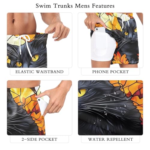 Mens Swim Trunks with Liner, Cat Black Stain Glass Cool Quick Dry Beach Swim Shorts, Swimwear Bathing Suits S3