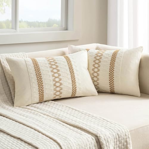 Image of MIULEE Set of 2 Neutral Boho Decorative Lumbar Pillow Covers 12x20 Inch