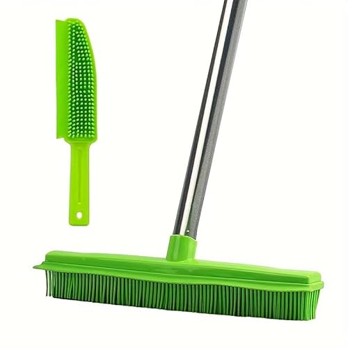 Rubber Broom and Pet Hair Brush Set,Soft Rubber Push Broom with Long Handle, Fur Remover Broom with Squeegee, Pet Hair Removal Broom and Brush Use for Carpet Cat Dog