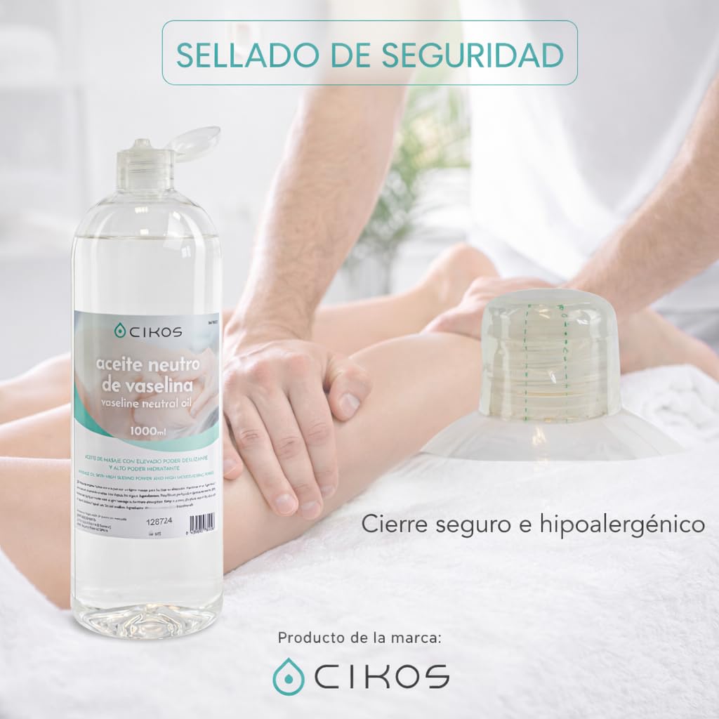 Aceite de Masaje Profesional Neutro Cikos. Aceite de Vaselina Profesional sin Aroma. Ideal para Fisioterapia y Masaje Relajante. (1000 ml.)