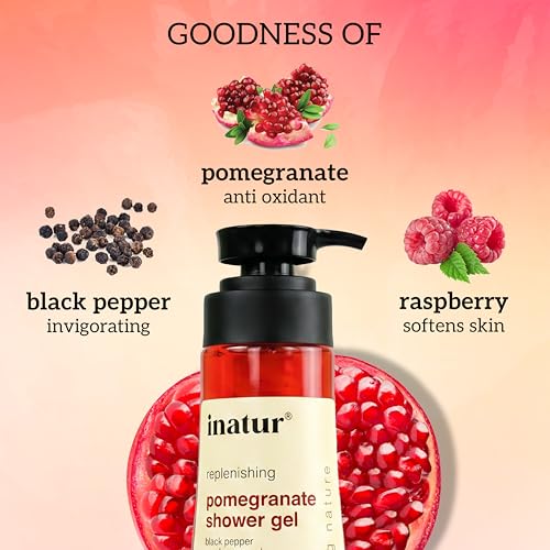 Image of inatur Pomegranate Shower Gel | Refreshing & Rejuvenating Body Wash | Sulfate-Free & Gentle Cleanser | Hydrating & Nourishing | Liquid Shower Gel for Glowing Skin | For All Skin Types | 350ml