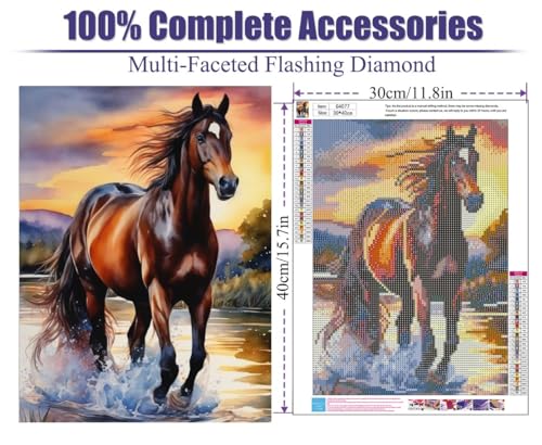 5D Diamond Painting Kits for Adults, DIY Horse Diamond Art Kits for Beginners, Round Full Drill Diamond Painting for Home Wall Decoration Present 12×16inch, Animal