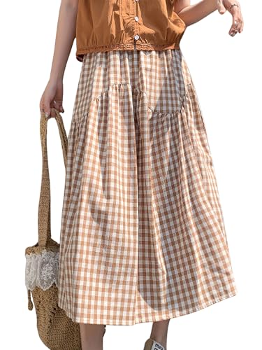 Leyoutx Women's Summer High Waist Plaid Gingham Skirt Casual Swing A Line Midi Skirt(Medium, Khaki)