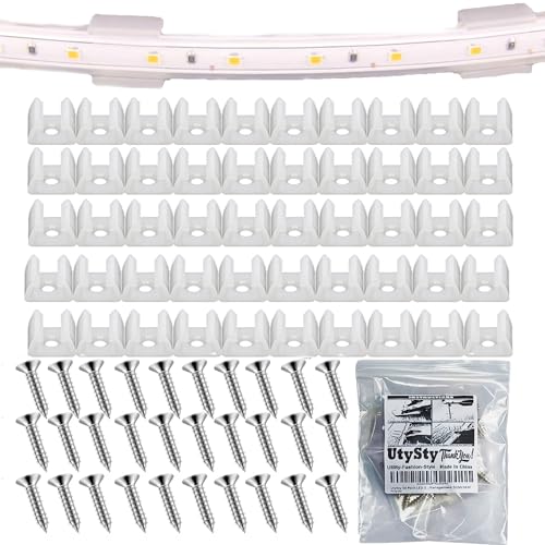 UtySty 50 Pack LED Strip Light Clips With Screws Neon lamp Mounting Fixing Bracket Clamp Holder for 10-12mm RGB Lights Buckles Flexible Ribbon Tape Cable Management 5050/5630 Indoor and Outdoor