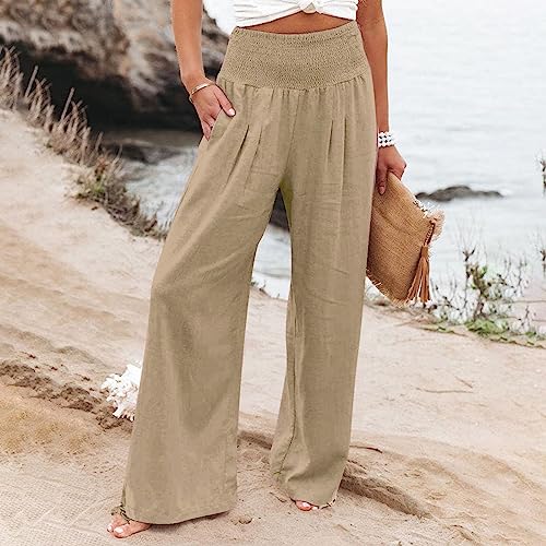 Wide Leg Linen Pants Women Straight Leg Solid Color Casual High Waisted Boho Pants Beach Summer Breathable Plain Trousers2
