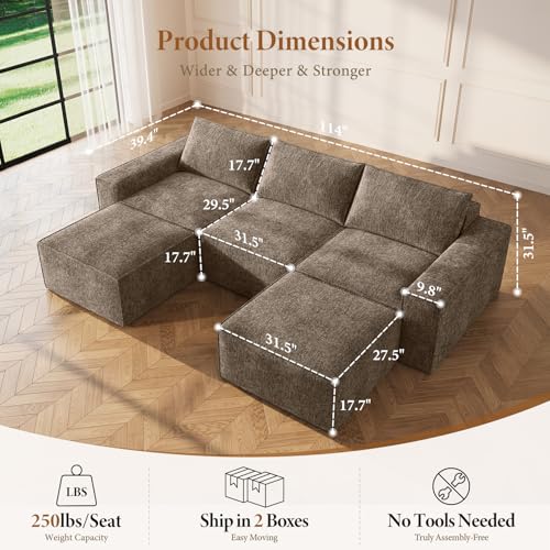 Image of Vesgantti 114 inch Boneless Modular Sectional Sofa, Modern U Shaped 5 Seater Couch with 2 Ottoman & Deep Seat, Convertible Chenille Cloud Couches for Living Room, No Assembly Required, Dark Brown