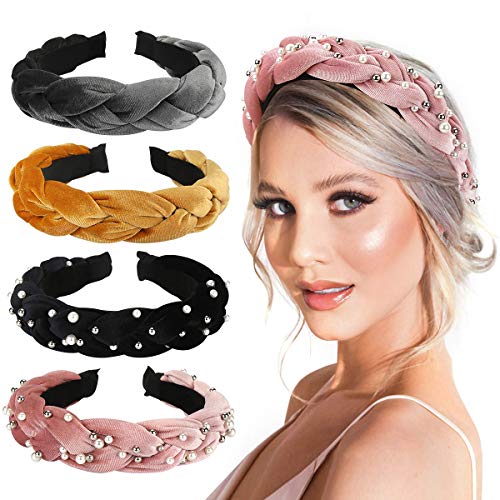 Makone Braided Pearl Headbands for Women Velvet Headband Wide Headband with Pearl Fashion Hair Hoops Hair Accessories for Wedding Party