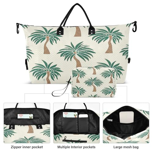 Large Foldable Travel Duffel Bag, Waterproof Gym Bag for Men & Women, Carry-On Luggage Weekender Overnight Bag, Palm Trees Beige2