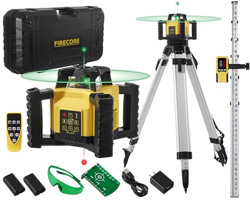 Firecore Green Self-Leveling Rotary Laser Level Kit, Horizontal/Vertical with Plumb Spot, 1969-Foot Range, IP55 Rated, Includes Tripod, Grade Rod, Receiver, 2 Batteries, Carrying Case, and Accessories