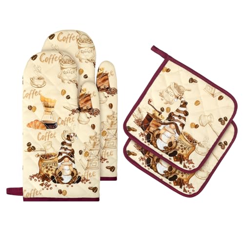 Arquiel Ofenhandschuh und Topflappen Kaffee 4er Set, 100% Baumwolle Kochhandschuhe, Hitzebeständiger Küchenhandschuh Zum Kochen Backen Grillen Geschenk