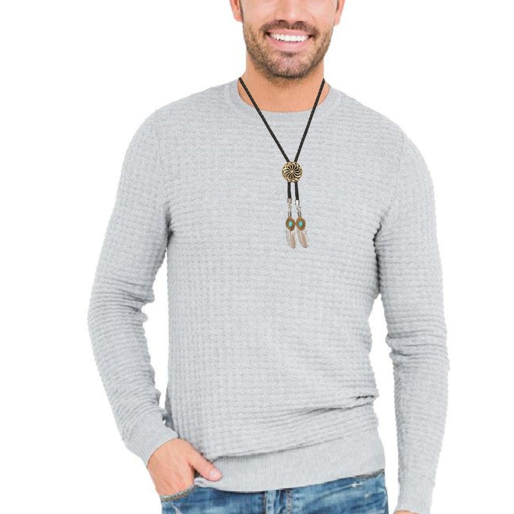 Cravatte da Cowboy, Collana con Ciondolo Forma di Piuma, Pelle, Motivo Floreale(Silver 607)