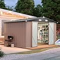 Aoxun 10x8.5 FT Outdoor Storage Shed Garden Metal Shed with Lockable Door Outdoor Large Shed for Tool, Garbage Can, Bike, Mower, Brown