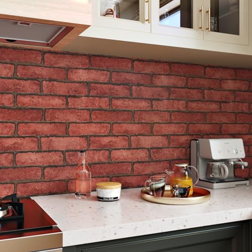 Papier peint imperméable pour murs de cuisine et salon adhésif effet brique rouge - 3