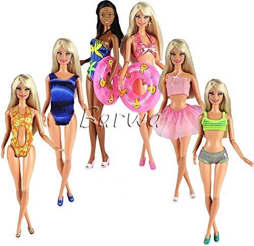 BARWA Set 12 Items 5 Psc Random Swimsuits Bathing Clothes Bikini One Piece with 2 Pool Float Lifebuoys with 5 Shoes Mix Color Lot for 11.5 inch Doll