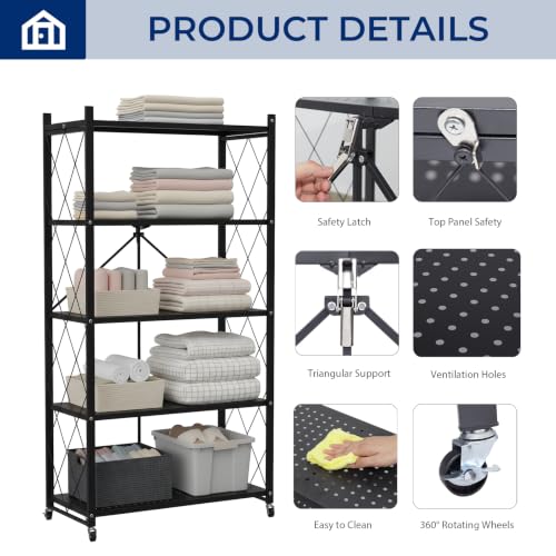 Image of 5 Tier Foldable Storage Shelf with Wheels, Heavy-Duty Metal Shelving Unit, No Assembly Book Shelf Rolling Storage Rack for Garage, Kitchen, Pantry, Closet, Exhibition, Office Decor, Black