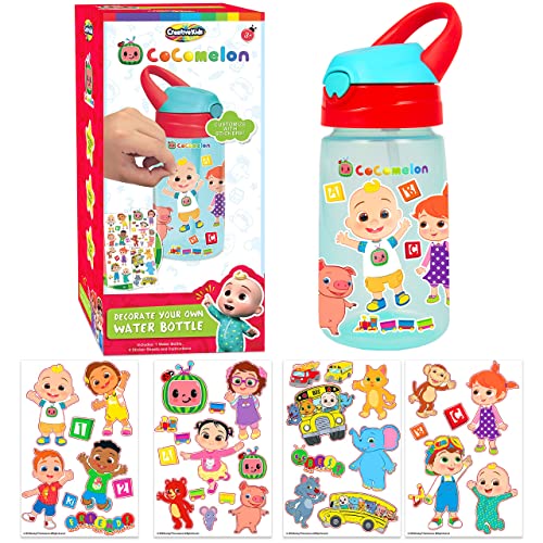 Creative Kids Cocomelon Decorate Your Own Water Bottle BPA Free with 4 Sheets of Stickers - Leak-Proof, Pop-Up Spout Cover - Easy to Grip School or Travel Bottle Gift for Boys & Girls Age 3+