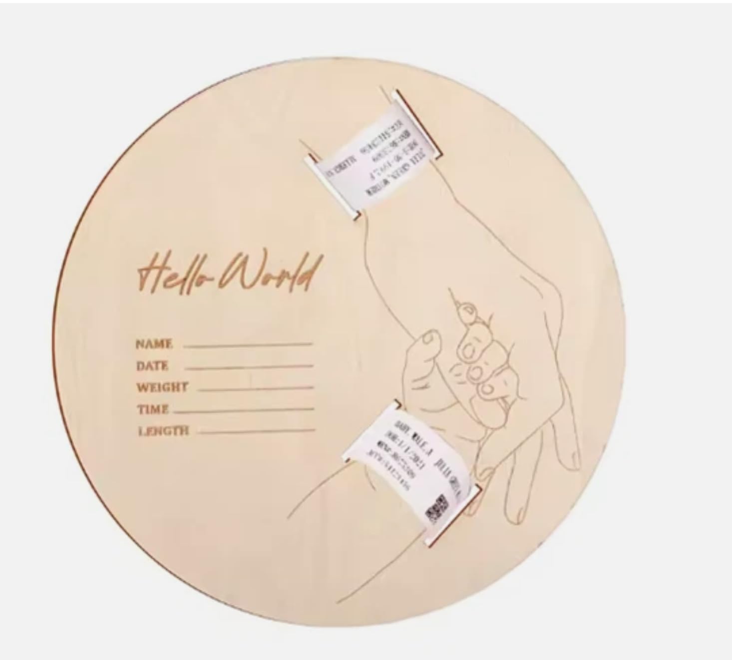 Baby Announcement Sign, 12cm Wooden Hello World Disc Newborn Gift Birth Announcement Sign for Hospital, Sentimental Hospital Wristband Holder, Baby Shower Photo Prop Home Decorations