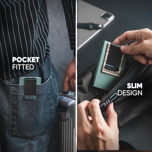Image of VULKIT Minimalist Wallet with Money Clip RFID Protection Pop Up Card Holder Slim Wallet Credit Card Holder Metal Wallet, Midnight Green