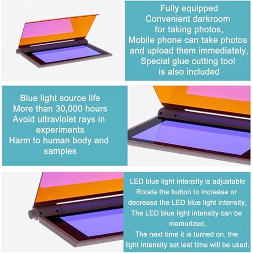 Sistema de documentación de gel de luz azul 470nm, transilluminador portátil para la visualización de ácido nucleico, brillo ajustable con la cubierta del filtro ámbar, diseño compacto para imágenes d