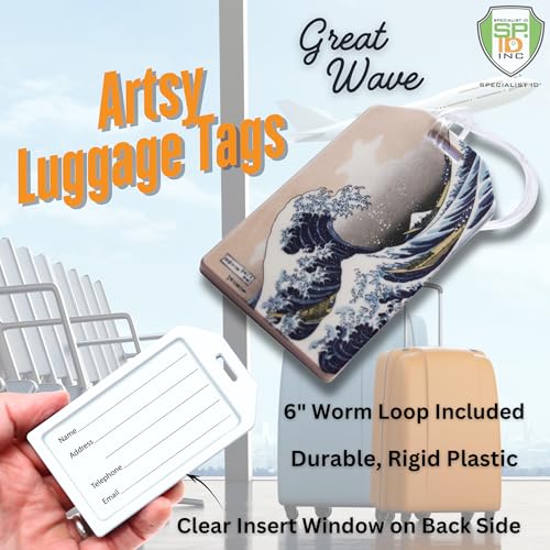 Image of 2 Pack - Great Wave Luggage Tags Heavy Duty for Suitcases & Backpacks - Hokusai Bag Tag - Cute & Durable TSA Approved w Plastic Loop & Contact Card Business Card Size by Specialist ID