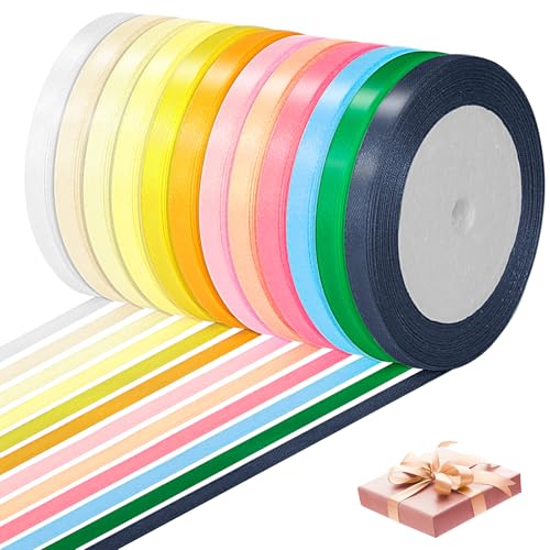 Cozary 12 Rollos Cinta de Raso para Regalo, 6mm x 22m, Cinta de Satén para Manualidades, Envolver Regalos, Bodas, Fiestas y Decoración Navideña