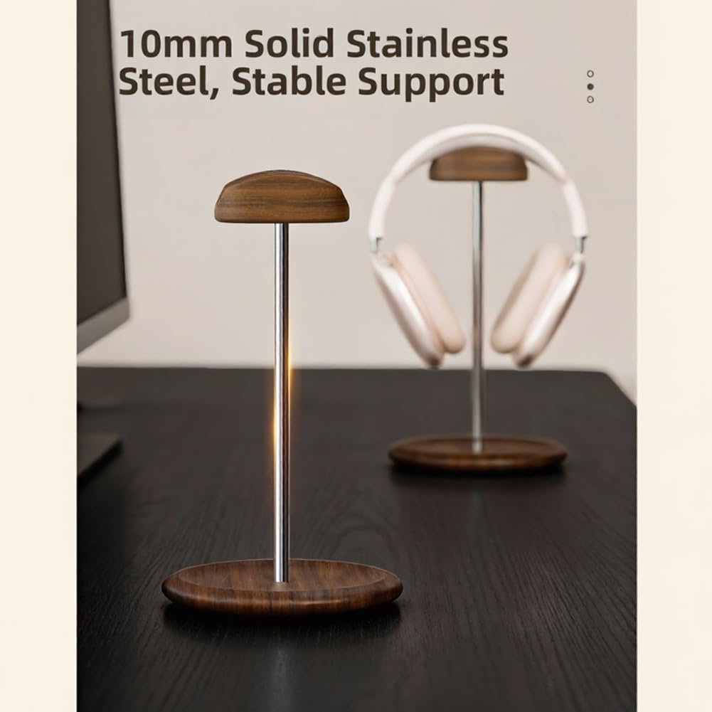 Supporto per cuffie in legno di noce e alluminio, stabile supporto da scrivania con base in silicone antiscivolo e ripiano per cuffie da gioco fino a 27 cm di altezza