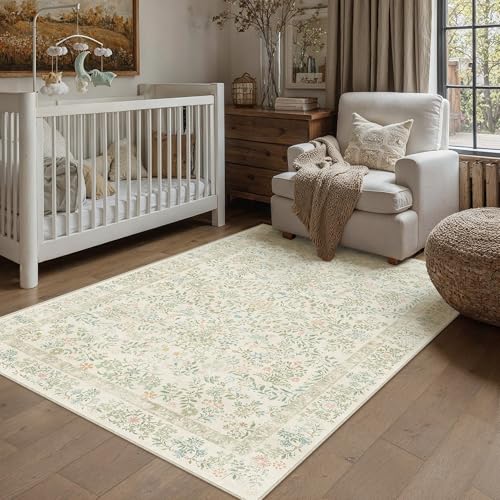 3x5 Light Green Area Rug for Entryway Washable Vintage Floral Carpet Low Pile Non Slip Botanical Aesthetic Soft Accent Throw Rug Entrance Kitchen Bedroom Nursery Office Indoor 3' x 5' (Recta