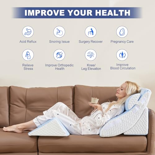 Image of WSOFRLAC 4PCS Bed Wedge Pillow for Sleeping and Sitting Up, Orthopedic Memory Foam Pillow Set for Back Pain, Post Surgery Recovery, Acid Reflux, GERD Relief, Triangle Shape, Blue White