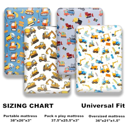 4 Pack Baby Boy Pack N Play Mini Crib Sheets Soft Fitted Baby Boy Mattress Covers Construction Truck Theme Breathable Toddler Sheets for Infant (Construction Truck, Pack N Play Mini Crib Sheets)