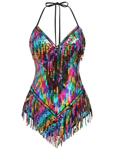 Sexy Glitter Sequins Fringe Bodysuit Halter Lace Up Back Jazz Latin Dance Tassel Leotard Adult Acrobat Circus Trapeze Artist Costume Dancing Queen Rave Concert One Piece Outfits Black Rainbow S