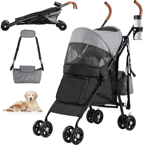 YITAHOME Haustierbuggy für kleine bis mittelgroße Hunde, 4-Rad-Hundebuggy mit Schultergurten, faltbarer Haustier-Reisewagen mit Getränkehalter und Aufbewahrungstasche (Grau Schwarz)