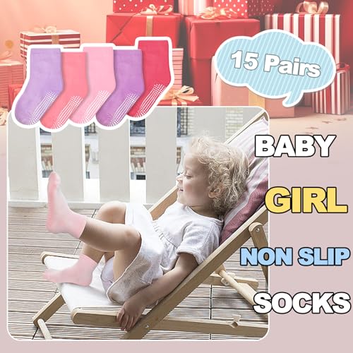HYCLES 15 Pairs Toddler Girl Socks, Non Slip Crew Toddler Socks with Grippers for Kids Preschool Girls 1-7 Years2