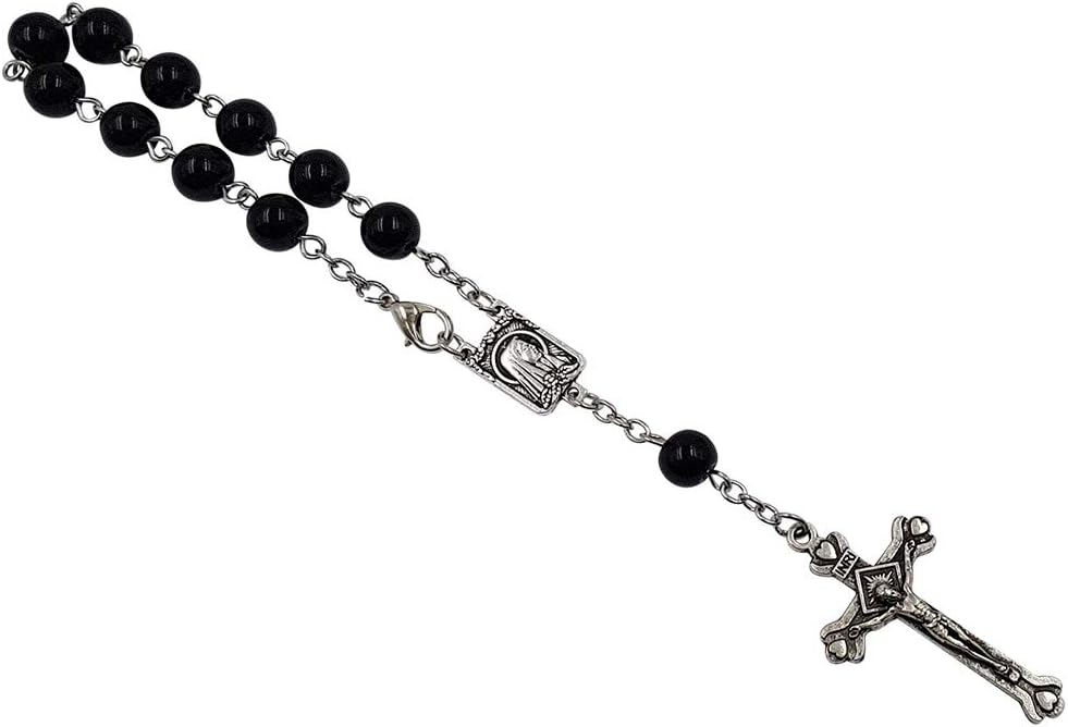 Treasure4U-Store One Decade Auto Rosary for Rearview Mirror Black Pearl Glass Beads Catholic Bracelet Our Lady of Lourdes Centerpiece Religious Gift Car Truck Travel Protection - Image 5